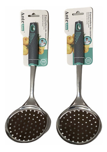 Espumadera Cocina Acero Inoxidable N430 Antideslizante Pack2 Gris/esmeralda