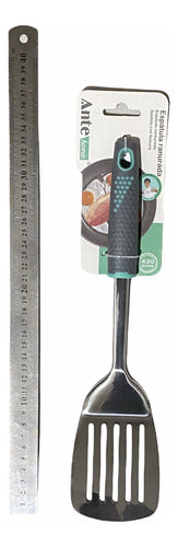 Espátula Ranurada De Acero Inoxidable 430 Mango Ergonomico Gris/esmeralda