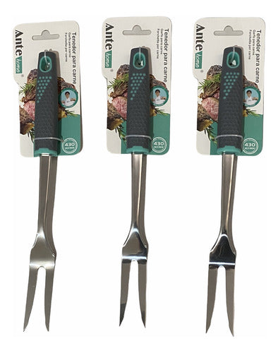 Tenedor Carne Trinche Cocina 100% Acero Inoxidable 430 Pack3 Gris/esmeralda