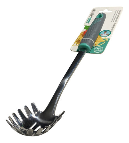 Cuchara Para Espaguetis Tallarin Fideo Acero Inox N430 Pack3 Gris/esmeralda