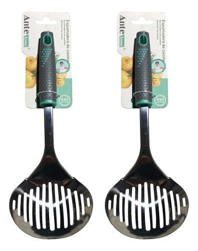 Espumadera Cocina Acero Inoxi N430 Oval Antideslizante Pack2 Gris/esmeralda