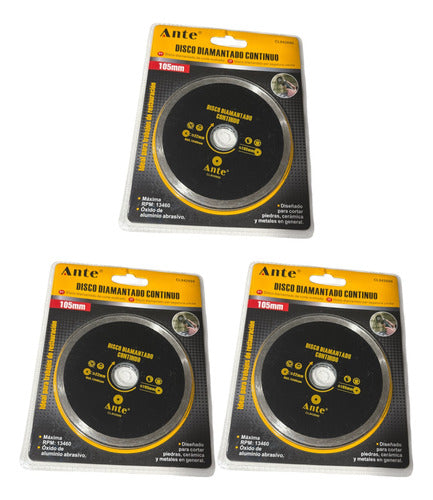 Disco Corte Diamantado Continuo 105mm 4 1/4 Ceramica Pack3 Negro
