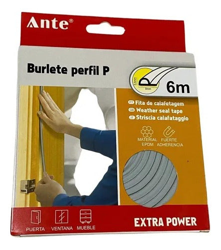 Burlete Perfil P Aislante Térmico Puertas, Ventanas 6m Pack3 Gris