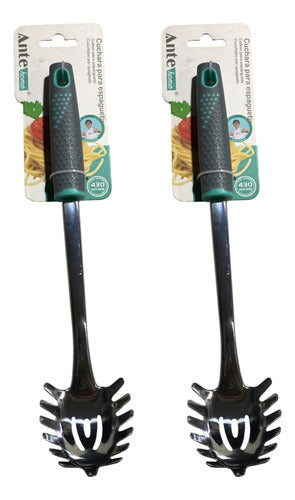 Cuchara Para Espaguetis Tallarin Fideo Acero Inox N430 Pack2 Gris/esmeralda