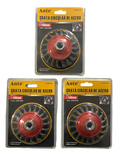 Cepillo Para Amoladora De Acero 100mm Grata Esmeril Pack3 Rojo