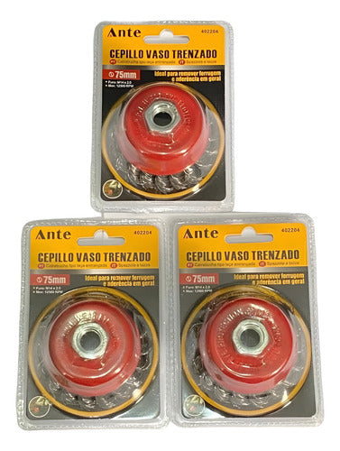 Cepillo De Acero Vaso Trenzado 75mm 12500rpm Grata Pack3