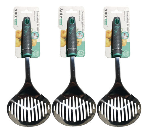 Espumadera Cocina Acero Inoxi N430 Oval Antideslizante Pack3 Gris/esmeralda