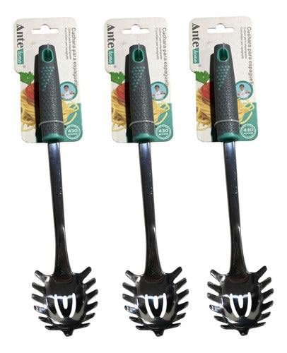 Cuchara Para Espaguetis Tallarin Fideo Acero Inox N430 Pack3 Gris/esmeralda