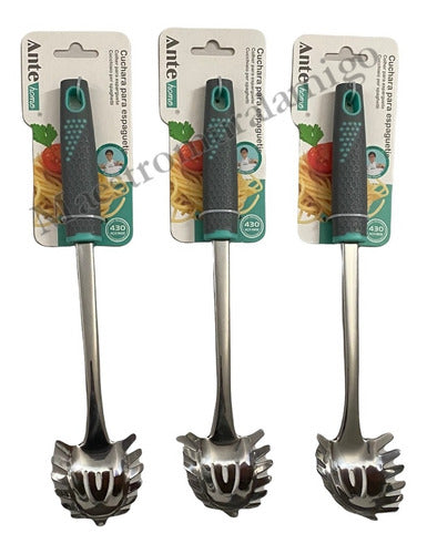 Cuchara Para Espaguetis Tallarin Fideo Acero Inox N430 Pack3 Gris/esmeralda