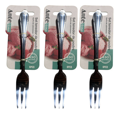 Set 6 Tenedores Postre 100% Acero Inoxidable N430 Pack 3 Dis Plateado