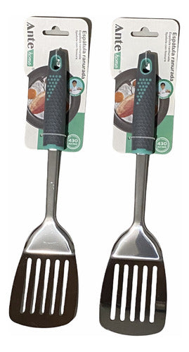 Espátula Ranurada De Cocina Acero Inoxidable N430 (pack 2) Gris/esmeralda