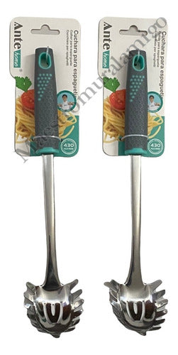 Cuchara Para Espaguetis Tallarin Fideo Acero Inox N430 Pack2 Gris/esmeralda