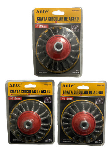 Cepillo Para Amoladora De Acero 115mm Grata Esmeril Pack3 Rojo