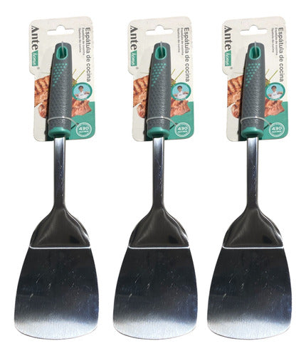 Espátula De Cocina De Acero Inoxidable 430 Ergonomico Pack3 Gris/esmeralda