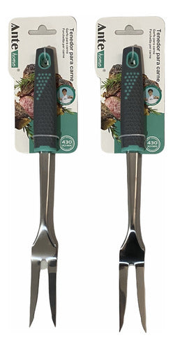 Tenedor Carne Trinche Cocina 100% Acero Inoxidable 430 Pack2 Gris/esmeralda