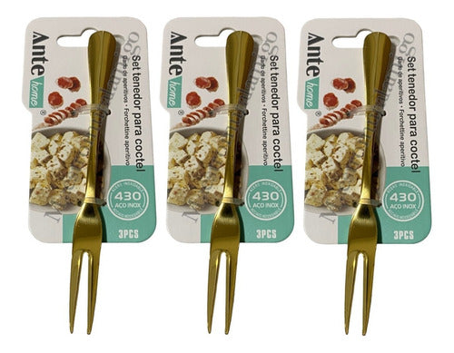 Set 3 Tenedores Para Cóctel Acero Inoxidable Dorado (pack3) Dorado